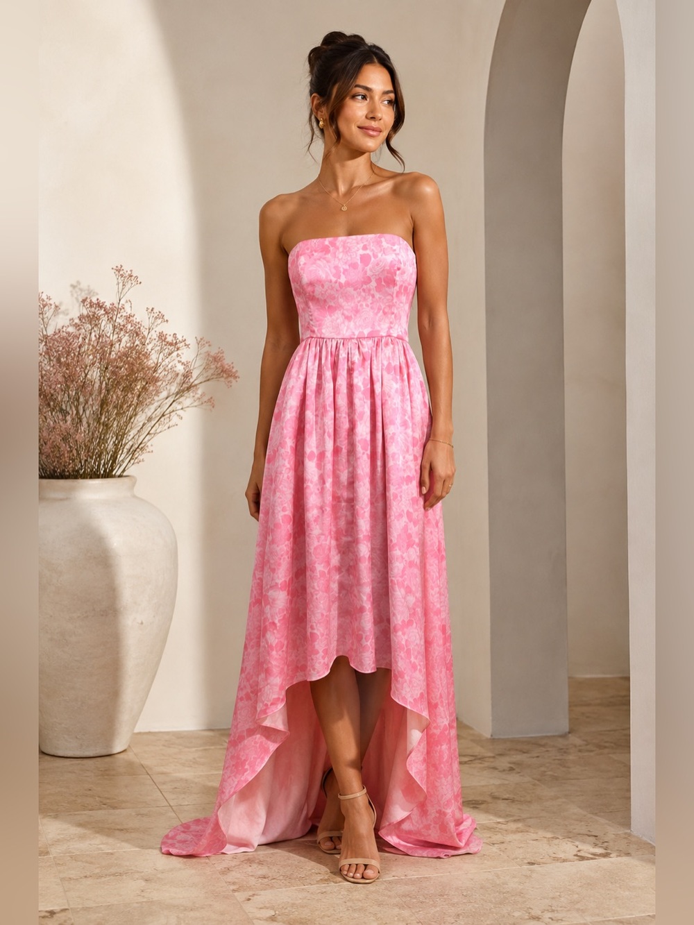 Maison Amory Pink Floral Strapless High Low Maxi Dress Bow Back US S